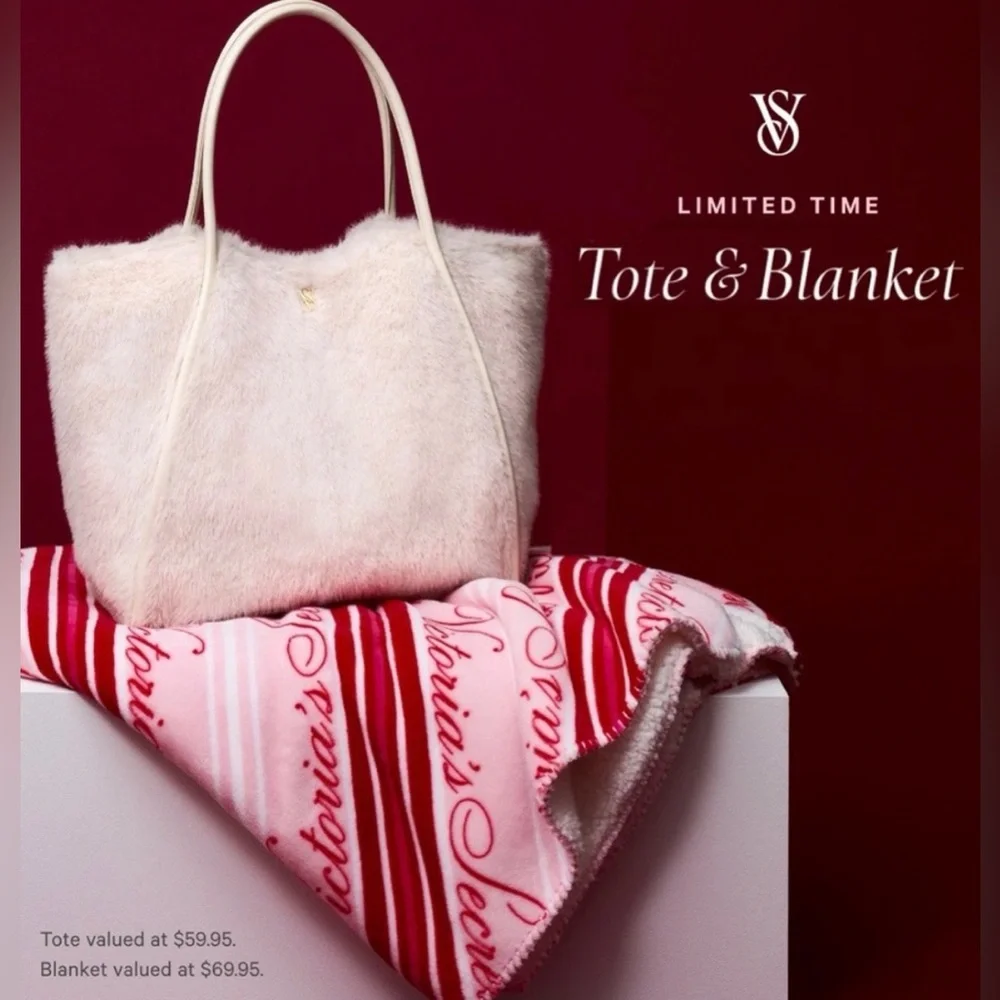 New Victoria's Secret White Tote and Pink Sherpa Blanket Set Limited Edition - Picture 1 of 6